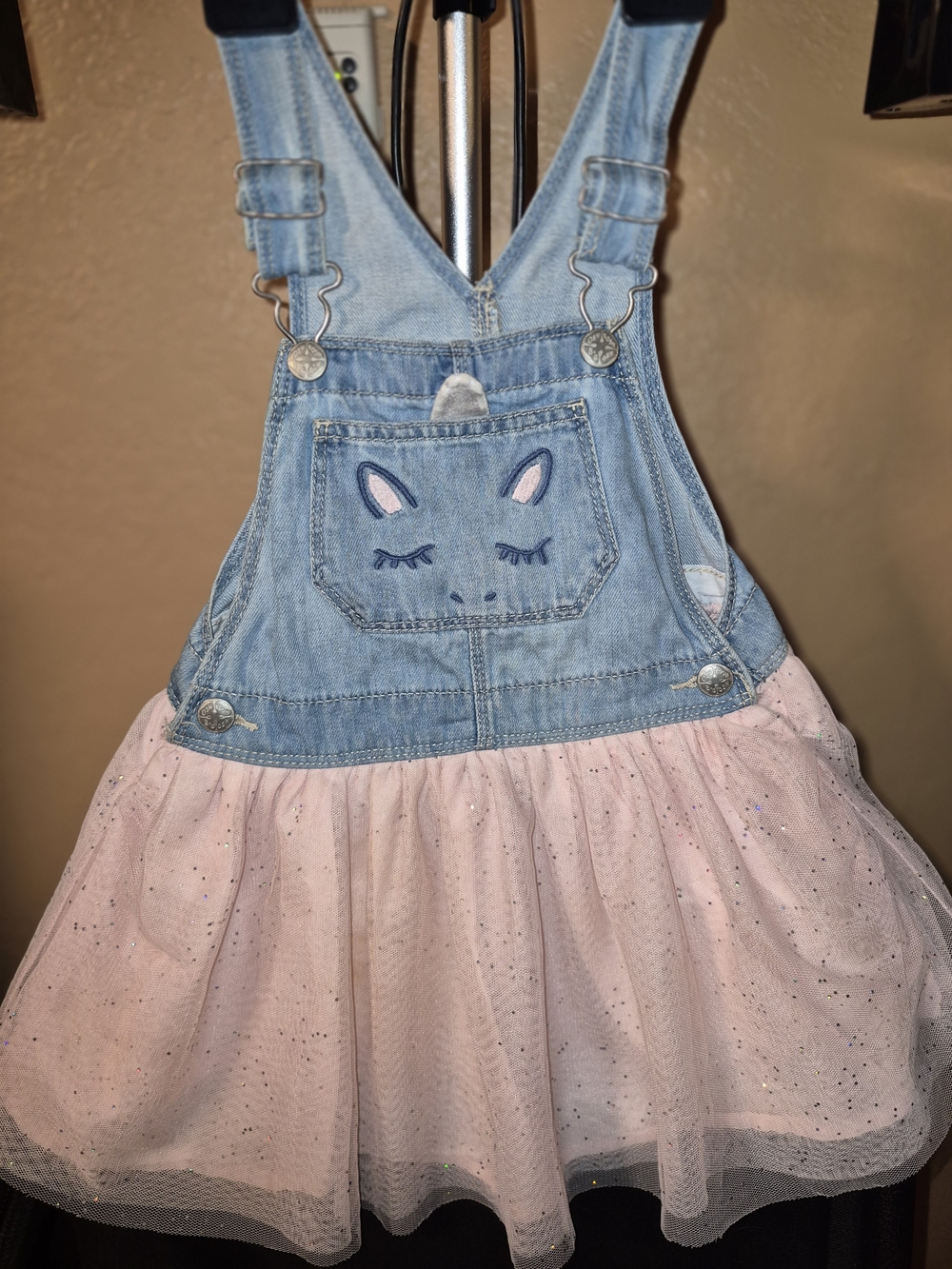 Denim Unicorn Pocket Pink Tulle Overall Dress - Kids